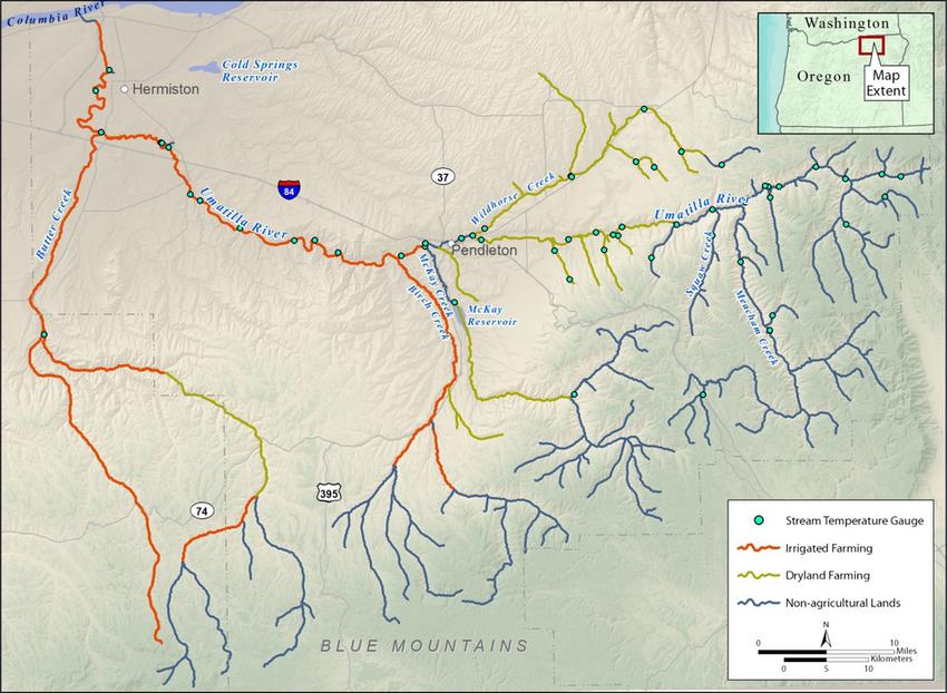 Map of the Umatilla Basin showing where adjacent agricultural lands are