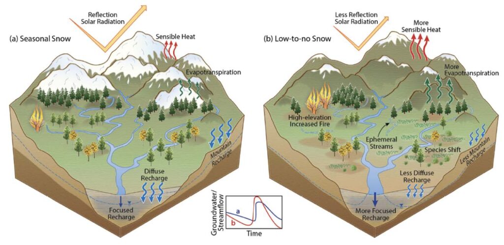 Infographic of seasonal snow versus low-to-no snow and the difference in solar radiation, sensible heat, evapotranspiration, etc.
