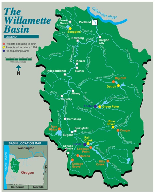 Willamette basin map showing rivers and sttreams, projects and dams, as well as where the Willamette basin is within the context of the state map.