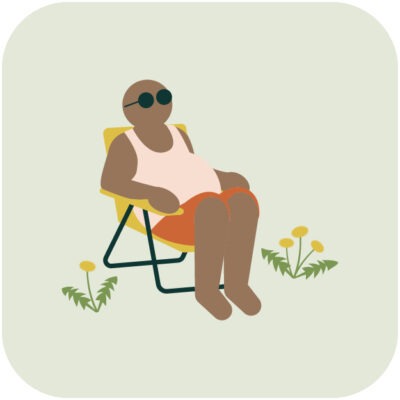 figure lounging in lawn chair surrounded by weeds