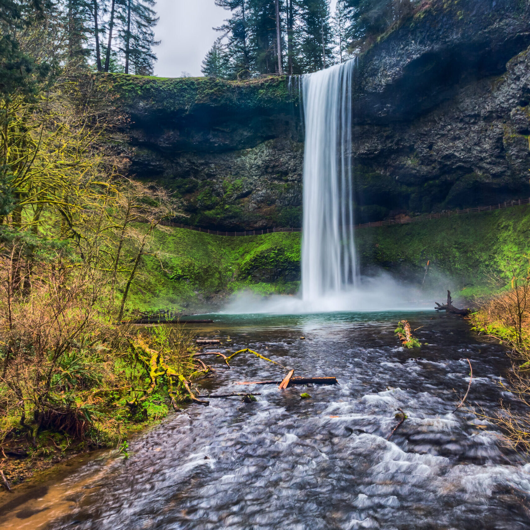 Waterfalls and stream in natural environment. Location place is South Falls at Silver Falls state park, Oregon, in spring